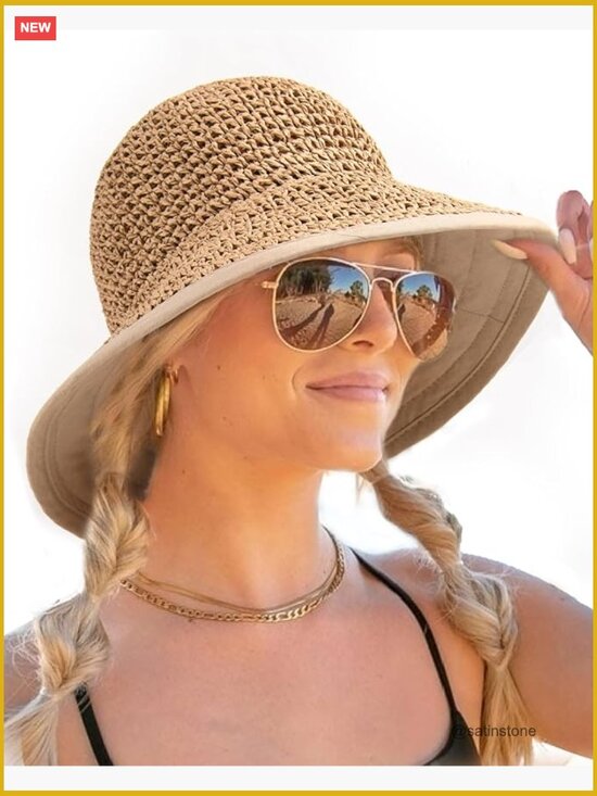 Foldable Paper Straw Sun Hat Wide Brim UPF 50 Travel Beach Hat with Chin Strap